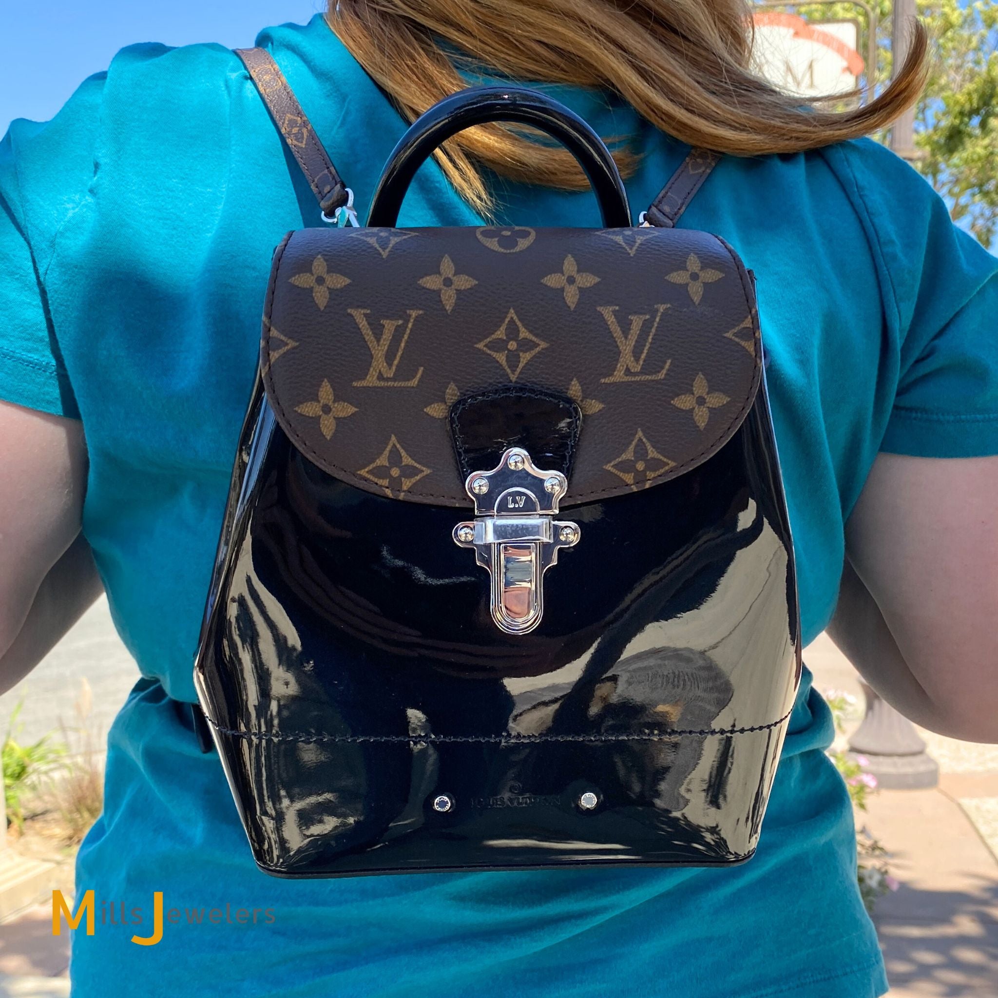 Louis Vuitton Hot Springs Backpack Black Patent Leather Monogram M5576 Mills Jewelers Loan