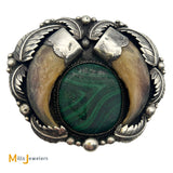 Signed Billy Slim Navajo Faux Bear Claw and Malachite Sterling Silver 925 Large Belt Buckle