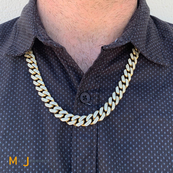 10K Yellow Gold 21.84ctw Diamond 11mm Cuban Link Chain Necklace 24 Inch