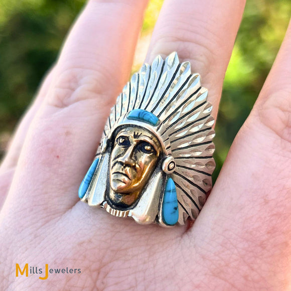 Sterling Silver 925 Native Headdress Turquoise Ring Size 12.5