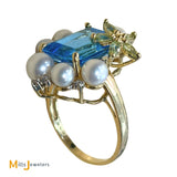 14K Yellow Gold Blue Topaz Pearl Citrine Diamond Cluster Cocktail Ring Size 8.25