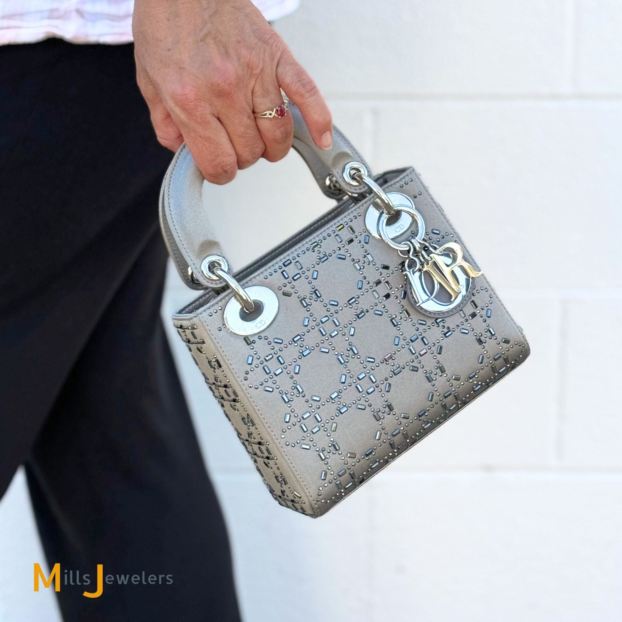 Dior Mini Lady Dior Gray Strass Satin Cannage Crossbody Bag 