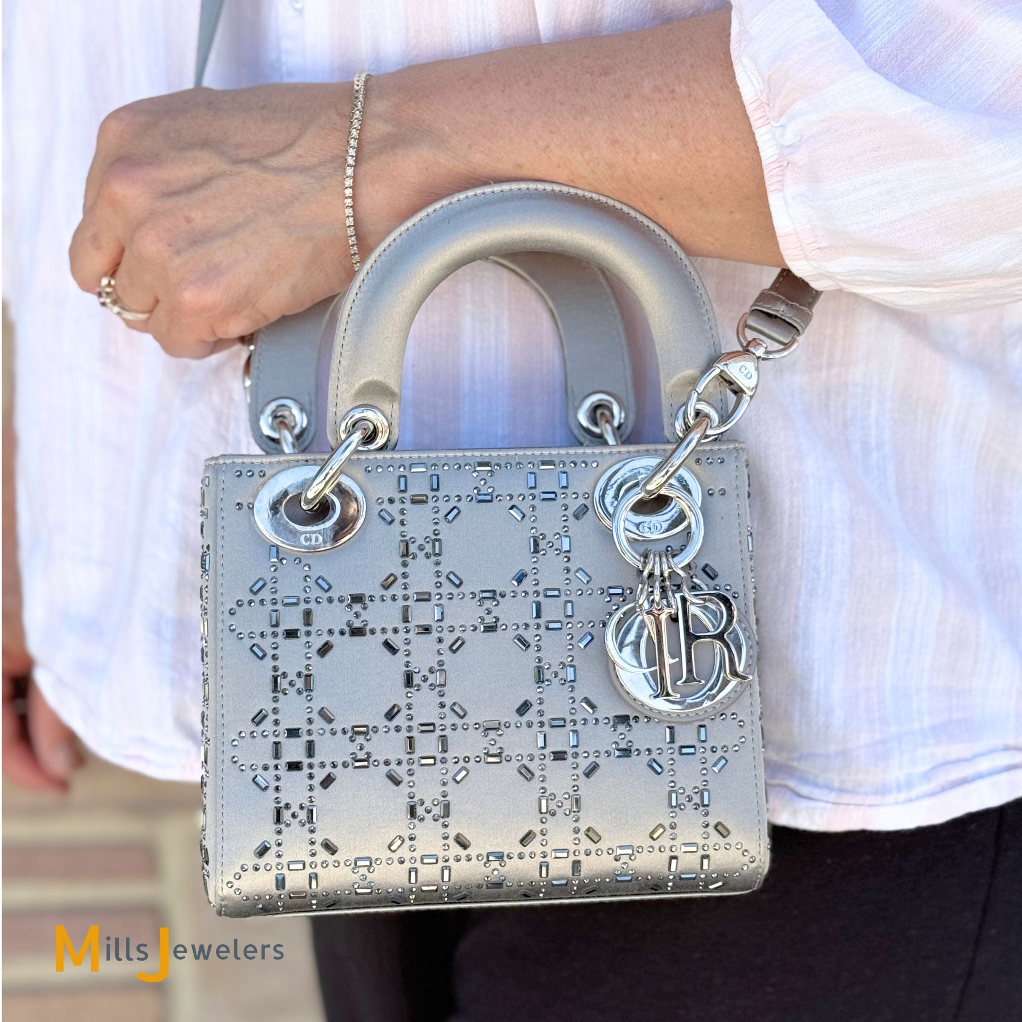 Dior Mini Lady Dior Gray Strass Satin Cannage Crossbody Bag