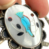 Vintage Signed R Sterling Silver 925 Turquoise and Mother of Pearl Inlay Bluebird Squash Blossom Necklace 25"