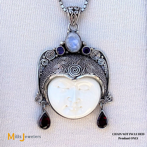 Carved Buffalo Bone Thai Moon Face Sterling Silver 925 Garnet Amethyst and Moonstone Pendant