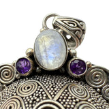 Carved Buffalo Bone Thai Moon Face Sterling Silver 925 Garnet Amethyst and Moonstone Pendant