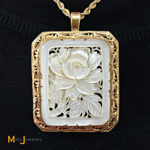 Vintage 14K Yellow Gold Hand-Carved Floral Mother of Pearl Enhancer Pendant