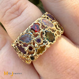 14k Yellow Gold Multicolor Gemstone Abstract Nugget Eternity Band Ring Size 7.5