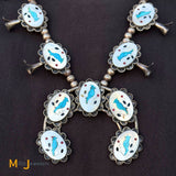 Vintage Signed R Sterling Silver 925 Turquoise and Mother of Pearl Inlay Bluebird Squash Blossom Necklace 25"