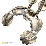 Vintage Signed R Sterling Silver 925 Turquoise and Mother of Pearl Inlay Bluebird Squash Blossom Necklace 25"