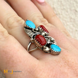 Annie Chapo Navajo Sterling Silver 925 Turquoise & Coral Ring Size 9