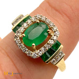 14K Yellow Gold 0.73ctw Emerald 0.17ctw Round Brilliant Diamond Cocktail Ring Size 7.25