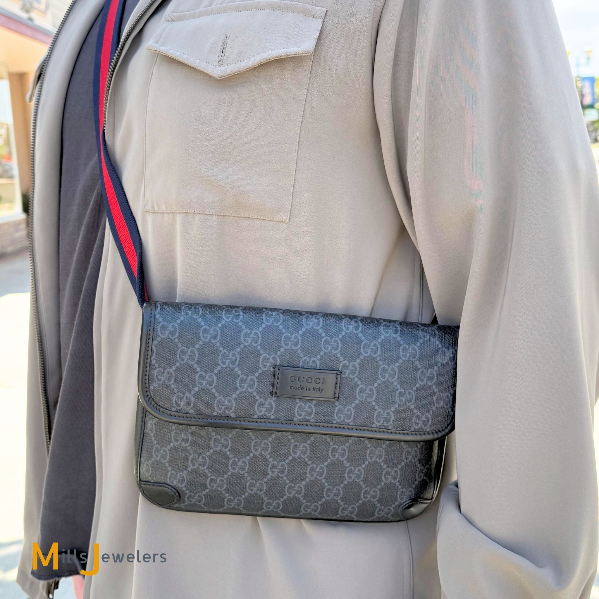 Gucci GG Supreme Black/Grey Coated Canvas Belt Flap Bag – Mills 