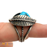 Signed RVK Vintage Sterling Silver 925 Blue Turquoise Leaf Ring Size 6.75