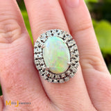 Vintage 18K White Gold Australian Fire Opal Double Diamond Halo Cocktail Ring Size 5.25