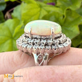 Vintage 18K White Gold Australian Fire Opal Double Diamond Halo Cocktail Ring Size 5.25