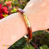 14K Yellow Gold Floral Engraved Orange Brown Jade Hinged Bangle Bracelet