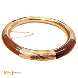 14K Yellow Gold Floral Engraved Orange Brown Jade Hinged Bangle Bracelet