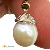 Signed 18K Two-tone Gold Pearl and 0.04ctw Diamond Post Dangle Earrings
