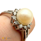 Vintage 14K White Gold 0.21ctw Diamond and 1.6ct Cultured Pearl Halo Ring Size 8