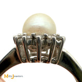 Vintage 14K White Gold 0.21ctw Diamond and 1.6ct Cultured Pearl Halo Ring Size 8