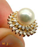 Signed 14K Yellow Gold Pearl and 0.42ctw Diamond Double Halo Post Earrings