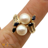 14K Yellow Gold 4.20ctw Pearl 0.32ctw Sapphire 0.24ctw Diamond Cluster Ring Size 7
