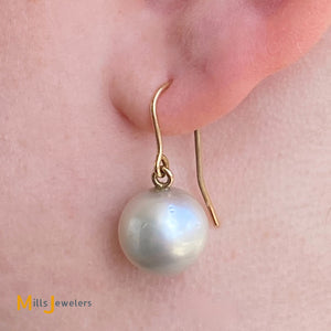 14K Yellow Gold South Sea Pearl Fish Hook Dangle/Drop Earrings