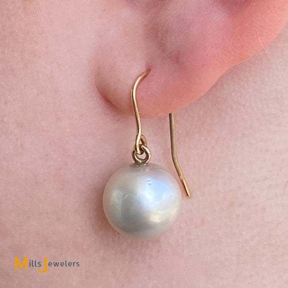 14K Yellow Gold South Sea Pearl Fish Hook Dangle/Drop Earrings