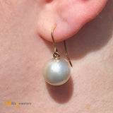 14K Yellow Gold South Sea Pearl Fish Hook Dangle/Drop Earrings