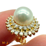 Signed 14K Yellow Gold Pearl and 0.42ctw Diamond Double Halo Post Earrings