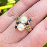 14K Yellow Gold 4.20ctw Pearl 0.32ctw Sapphire 0.24ctw Diamond Cluster Ring Size 7