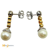Signed 18K Two-tone Gold Pearl and 0.04ctw Diamond Post Dangle Earrings