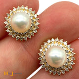 Signed 14K Yellow Gold Pearl and 0.42ctw Diamond Double Halo Post Earrings