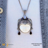 Carved Buffalo Bone Thai Moon Face Sterling Silver 925 Garnet Amethyst and Moonstone Pendant