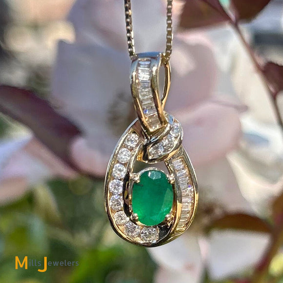 14K Yellow Gold 0.72ct Oval Emerald and 0.55ctw Diamond Slide Pendant