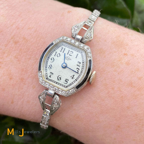 Pery Antique Ladies Platinum/18K White Gold 1.02ctw Diamond Hand Winding Watch