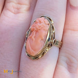 14K Yellow Gold Victorian-Style Pink Coral Cameo Ring Size 5.25