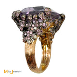 Vintage 18K Tutone Rose Gold 37ct Pink Kunzite Diamond Cocktail Ring Size 6.75