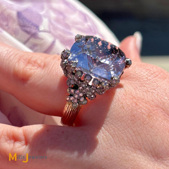 Vintage 18K Tutone Rose Gold 37ct Pink Kunzite Diamond Cocktail Ring Size 6.75