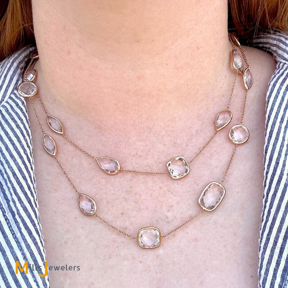 18K Rose Gold 89.09ctw Pink Kunzite Multi Shape Cushion Cut Station Necklace 39