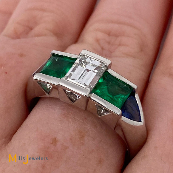 Platinum 1.88cts Diamond 1.22cts Emerald 0.72cts Sapphire Ring Size 9