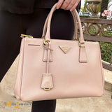 PRADA Saffiano Leather Galleria Lux Double Zip Crossbody Bag in Cammeo Pink