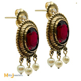 Vintage 14K Yellow Gold 5ctw Oval Garnet and Seed Pearl Dangle Earrings