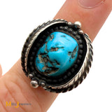 Signed RVK Vintage Sterling Silver 925 Blue Turquoise Leaf Ring Size 6.75