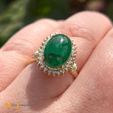 14K Yellow Gold 3.33ct Oval Cabochon Emerald 0.42ctw Diamond Cocktail Ring Size 7