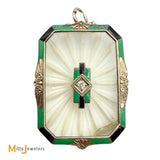 Vintage Art Deco 14k White Gold 0.02ct Diamond, Rock Crystal, and Enamel Pendant