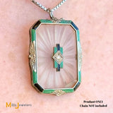 Vintage Art Deco 14k White Gold 0.02ct Diamond, Rock Crystal, and Enamel Pendant