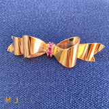 14K Rose Gold 0.38ctw Ruby Ribbon Bow Brooch Lapel Pin