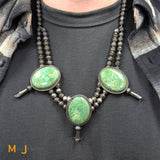 Vintage Signed DO Sterling Silver Royston Turquoise Three Blossom Beaded Necklace 26”